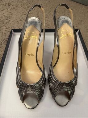 Christian Louboutin Metallic Pewter Slingback Peep-Toe Heels